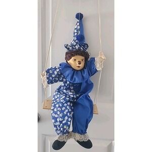 Vintage Clown Porcelain Marionette Puppet On A String On A Swing Blue White